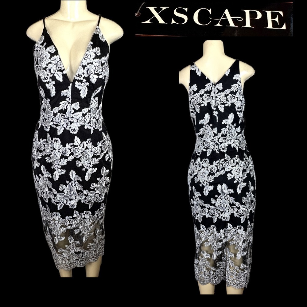 Xscape Women's Black Silver Floral Embroidered Midi V-Neckline Cocktail Dress 8